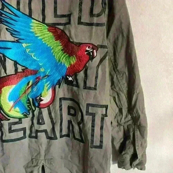 Zara Military Speak Up Trench Motor Biker Graphic Bird Olive Green Jacket XS - Picture 12 of 15